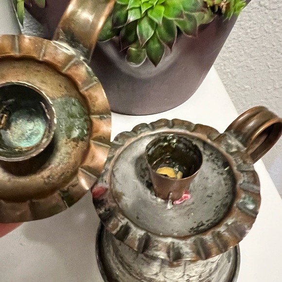 United Arab Republic Copper / Tin Candle Holder Set Of 2 Chamberstick 4.5”Tall - Picture 4 of 9
